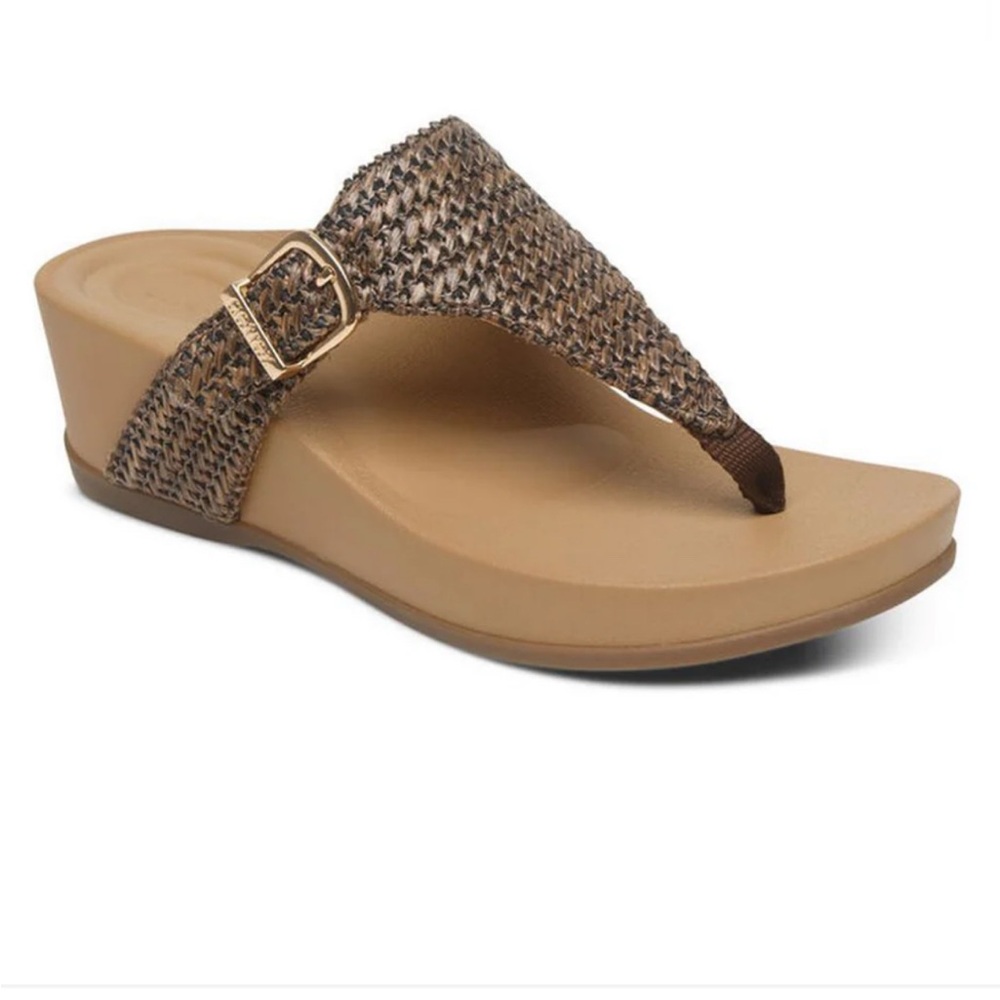 Aetrex Women's Kate Thong Wedge Sandal Brown Woven